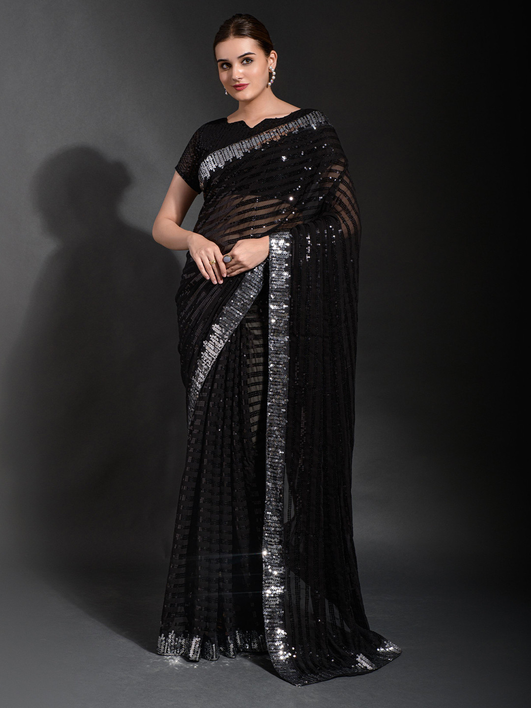 

Manu Designer Embellished Sequinned Pure Georgette Saree, Black