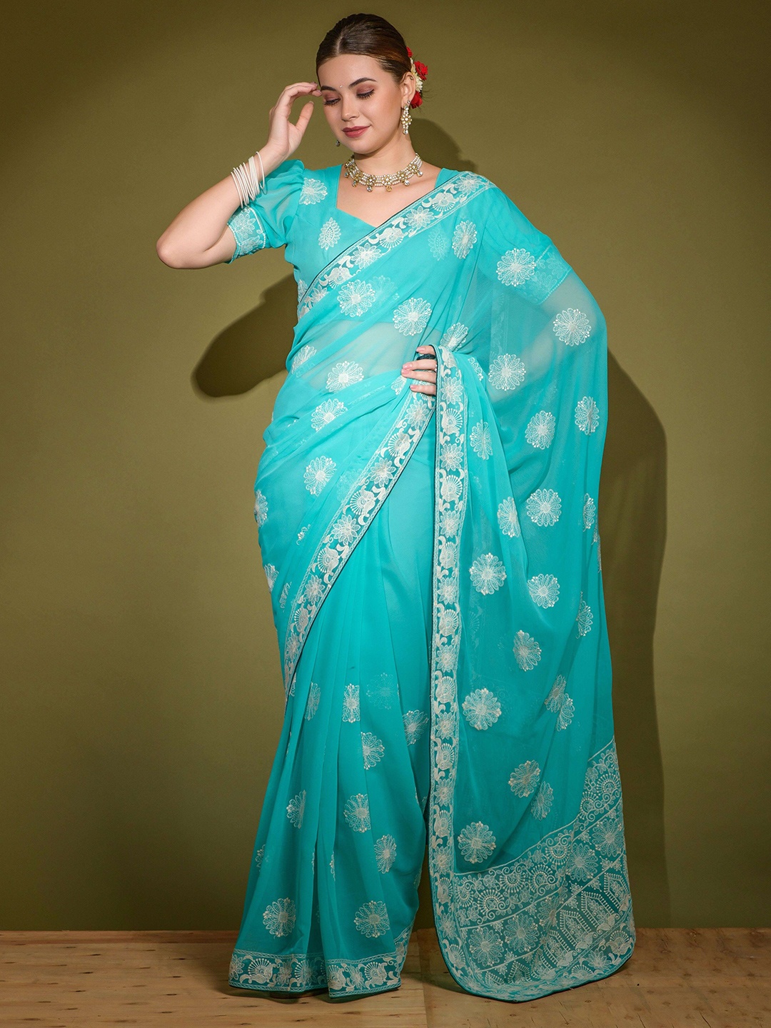 

Manu Designer Ethnic Motifs Embroidered Pure Georgette Saree, Sea green