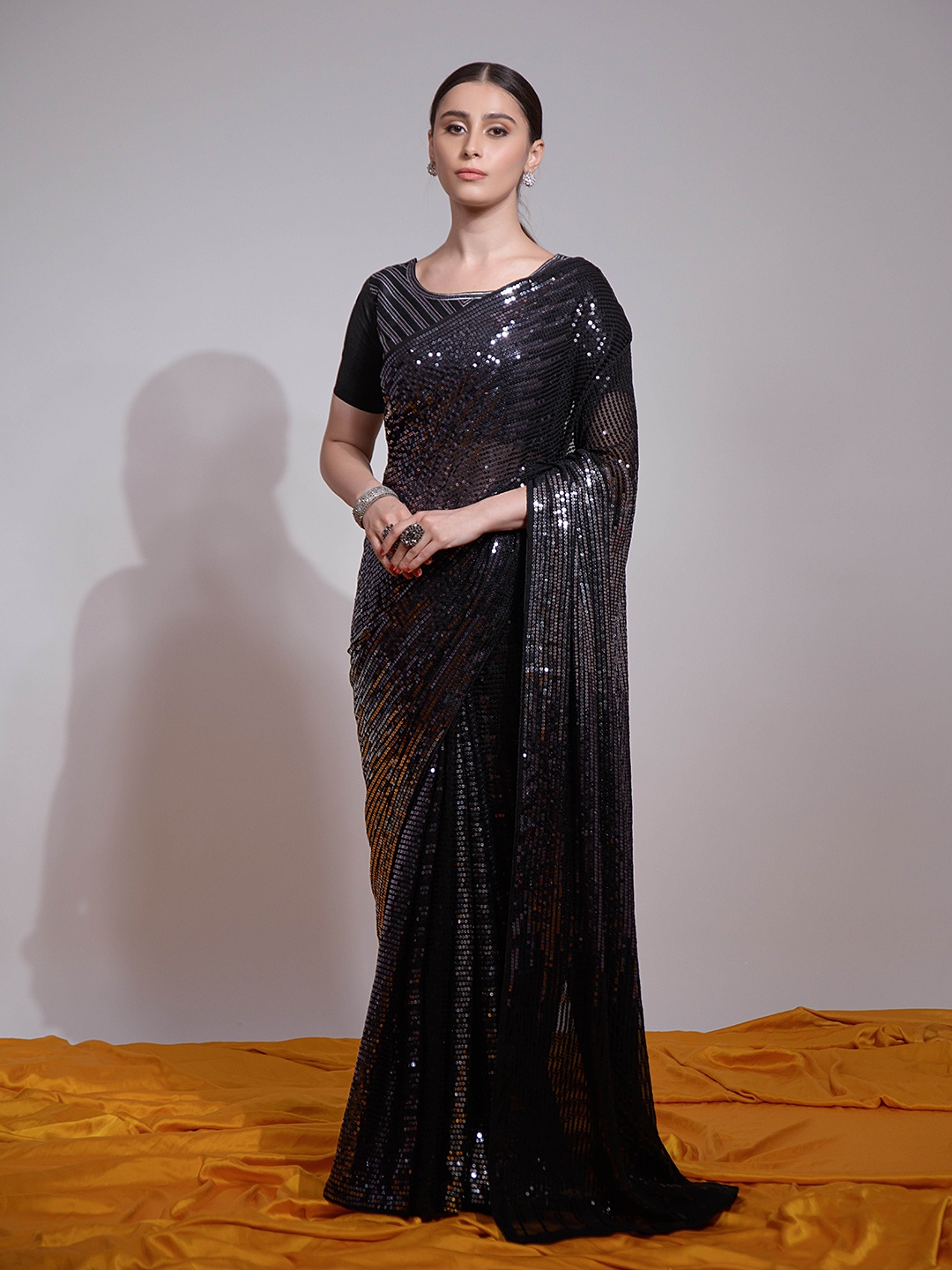 

Manu Designer Embellished Sequinned Pure Georgette Saree, Black