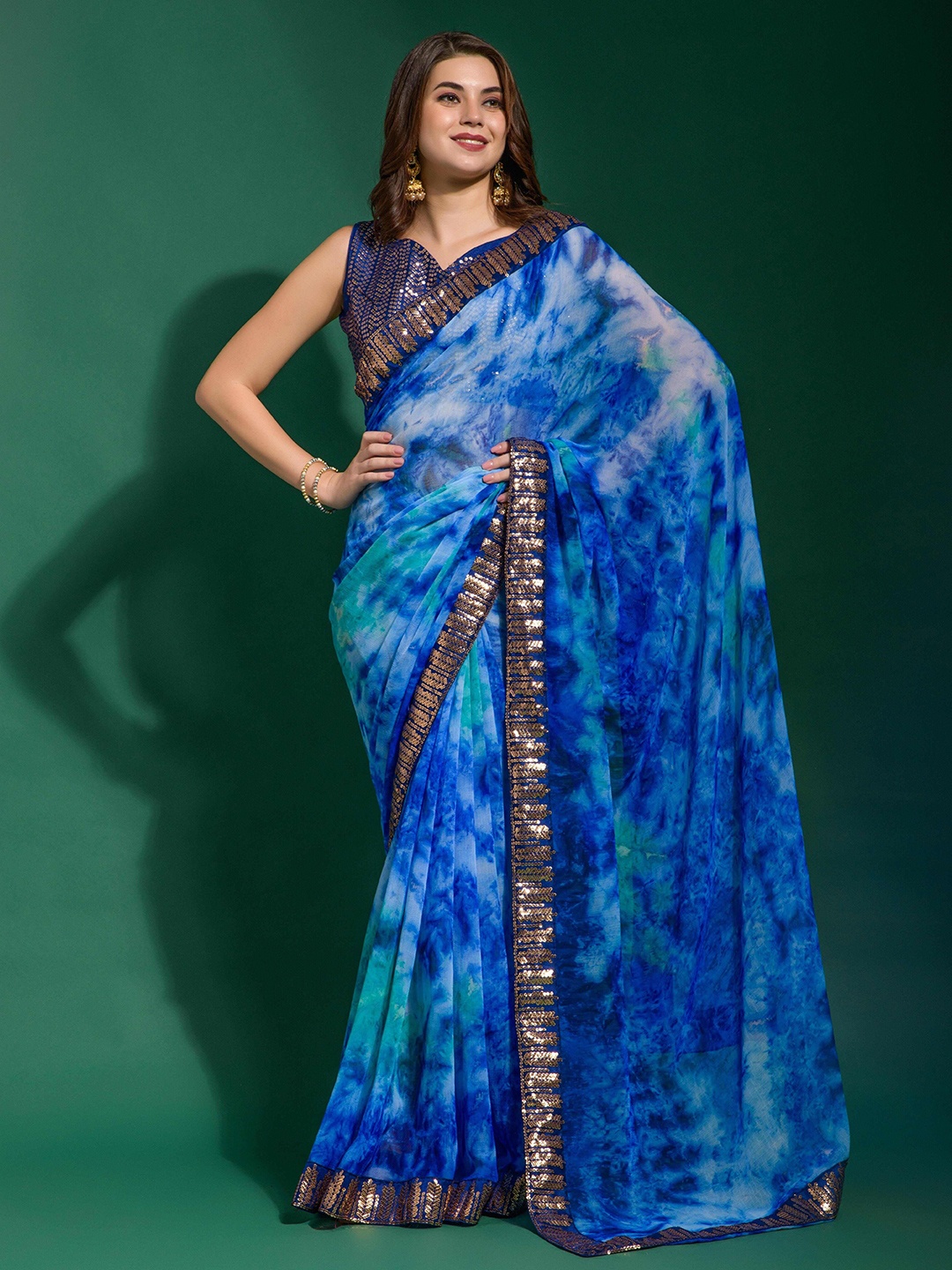 

Manu Designer Tie and Dye Printed Sequinned Pure Chiffon Saree, Blue