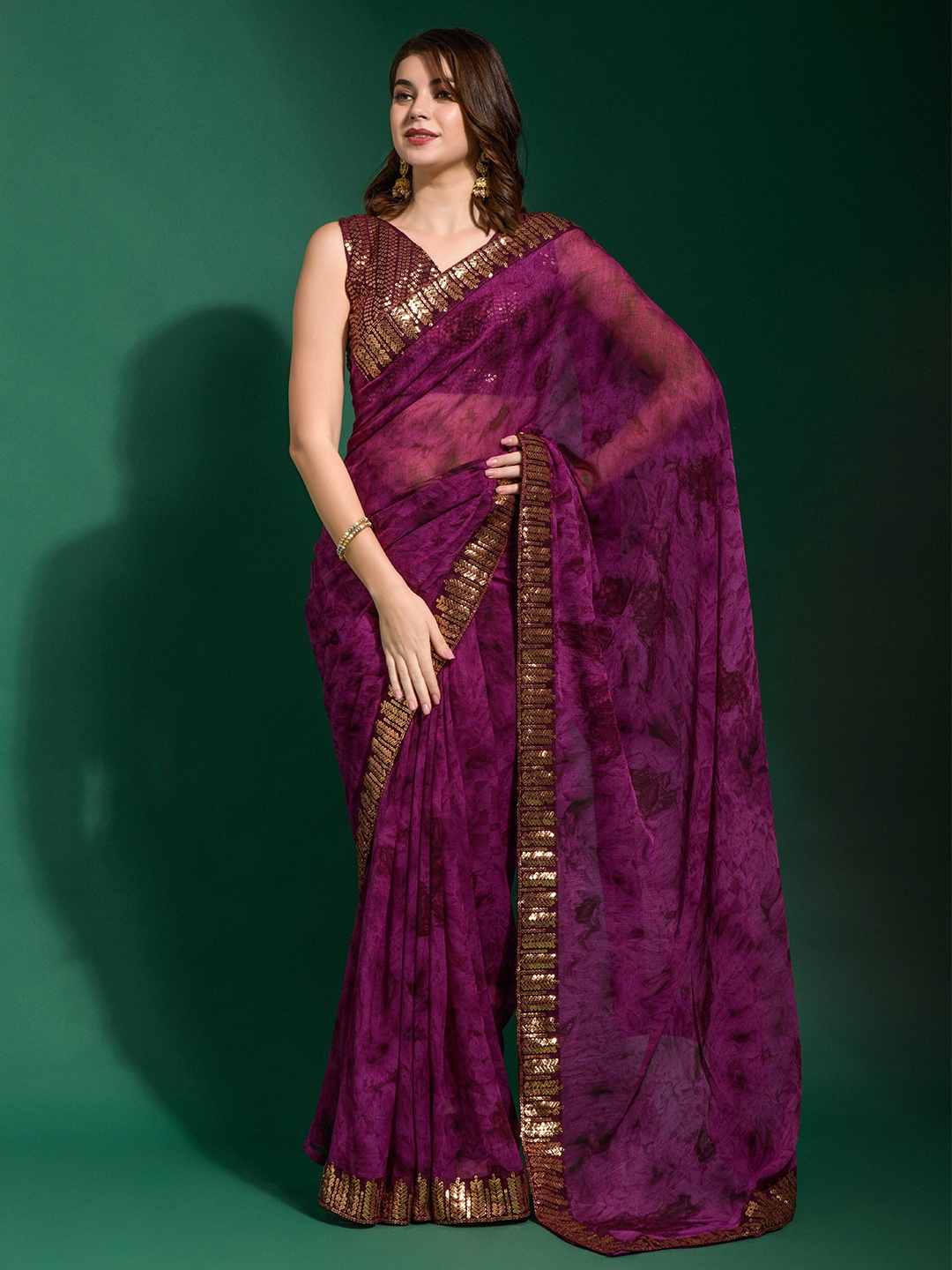 

Manu Designer Sequinned Pure Chiffon Saree, Purple