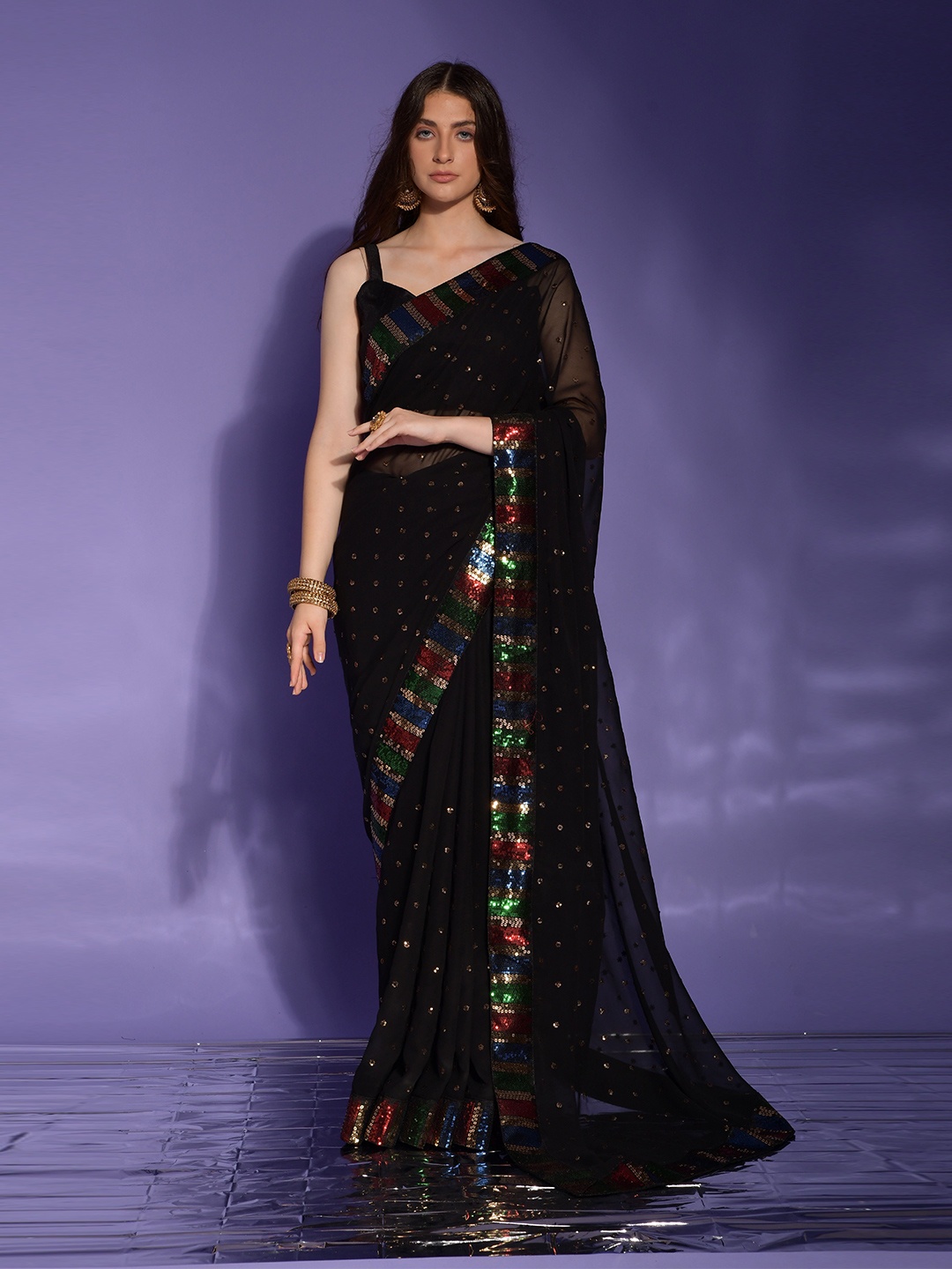 

Manu Designer Embellished Sequinned Pure Georgette Saree, Black