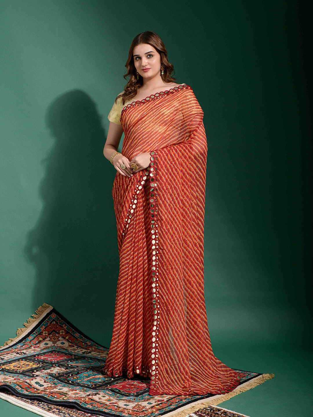 

Manu Designer Leheriya Mirror Work Pure Chiffon Saree, Red