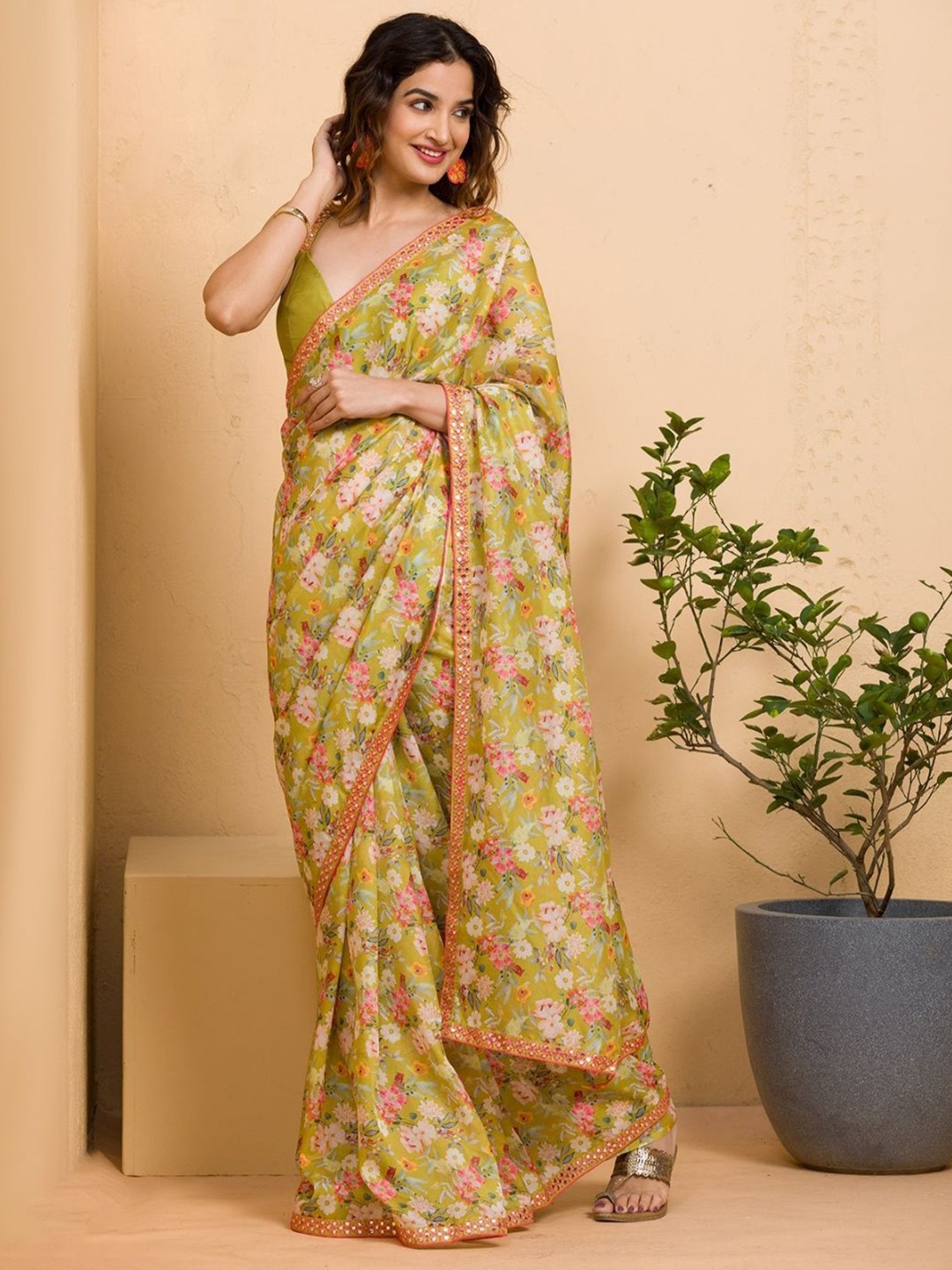 

Manu Designer Floral Embroidered Pure Chiffon Saree, Lime green