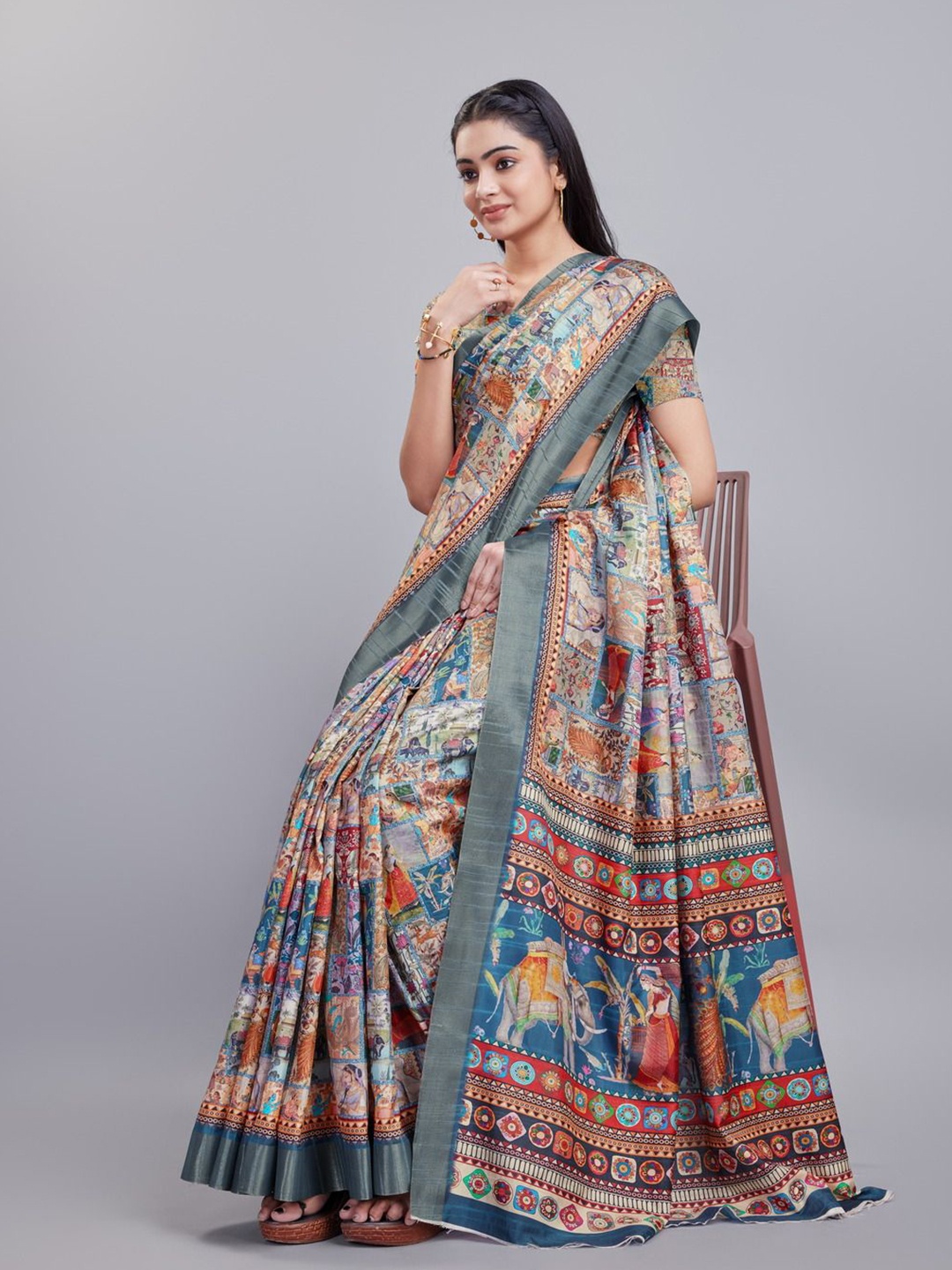 

Varanga Ethnic Motif Printed Woven Saree with Blouse, Grey