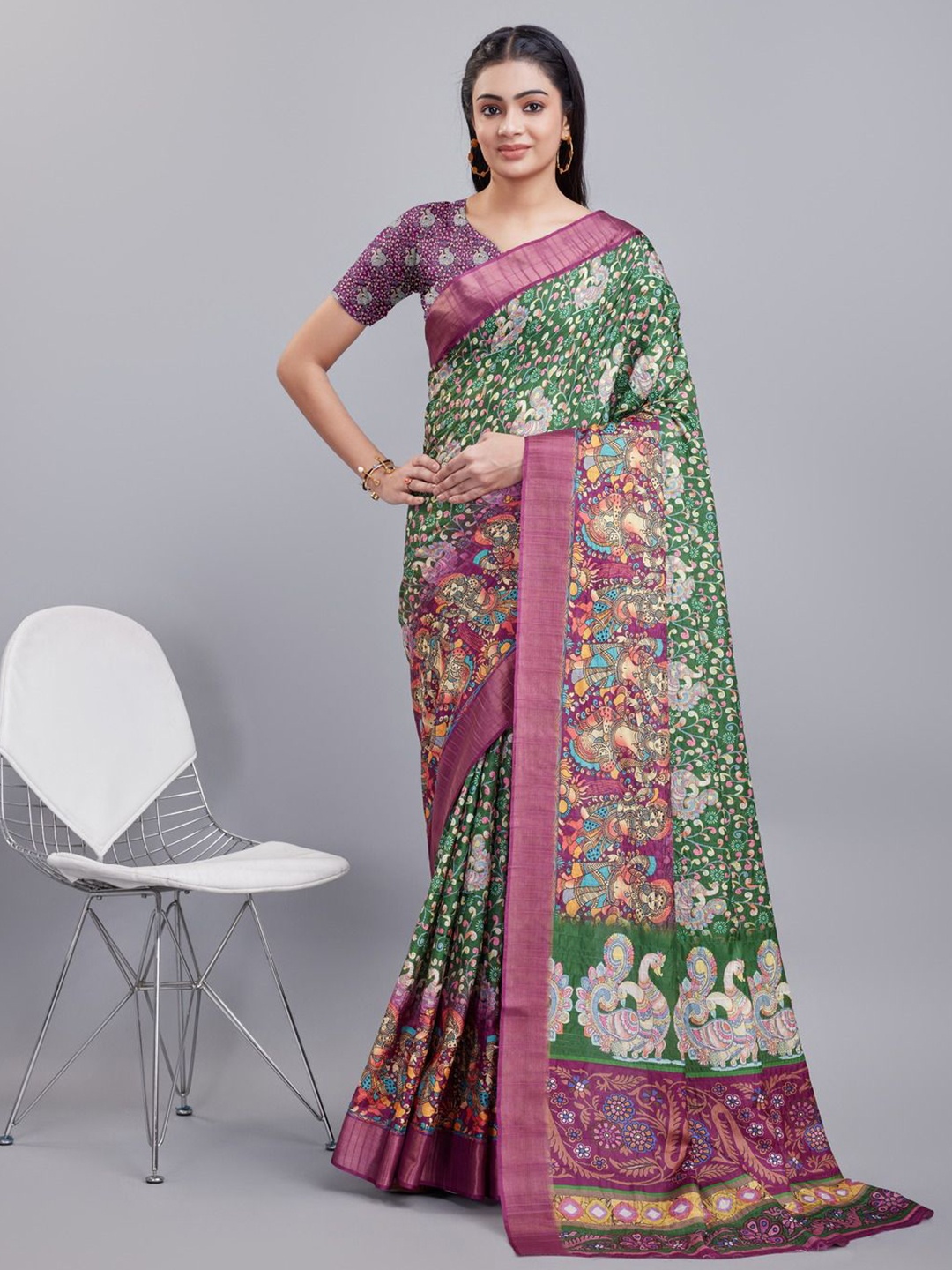 

Varanga Madhubani Printed Saree with Woven Border, Green