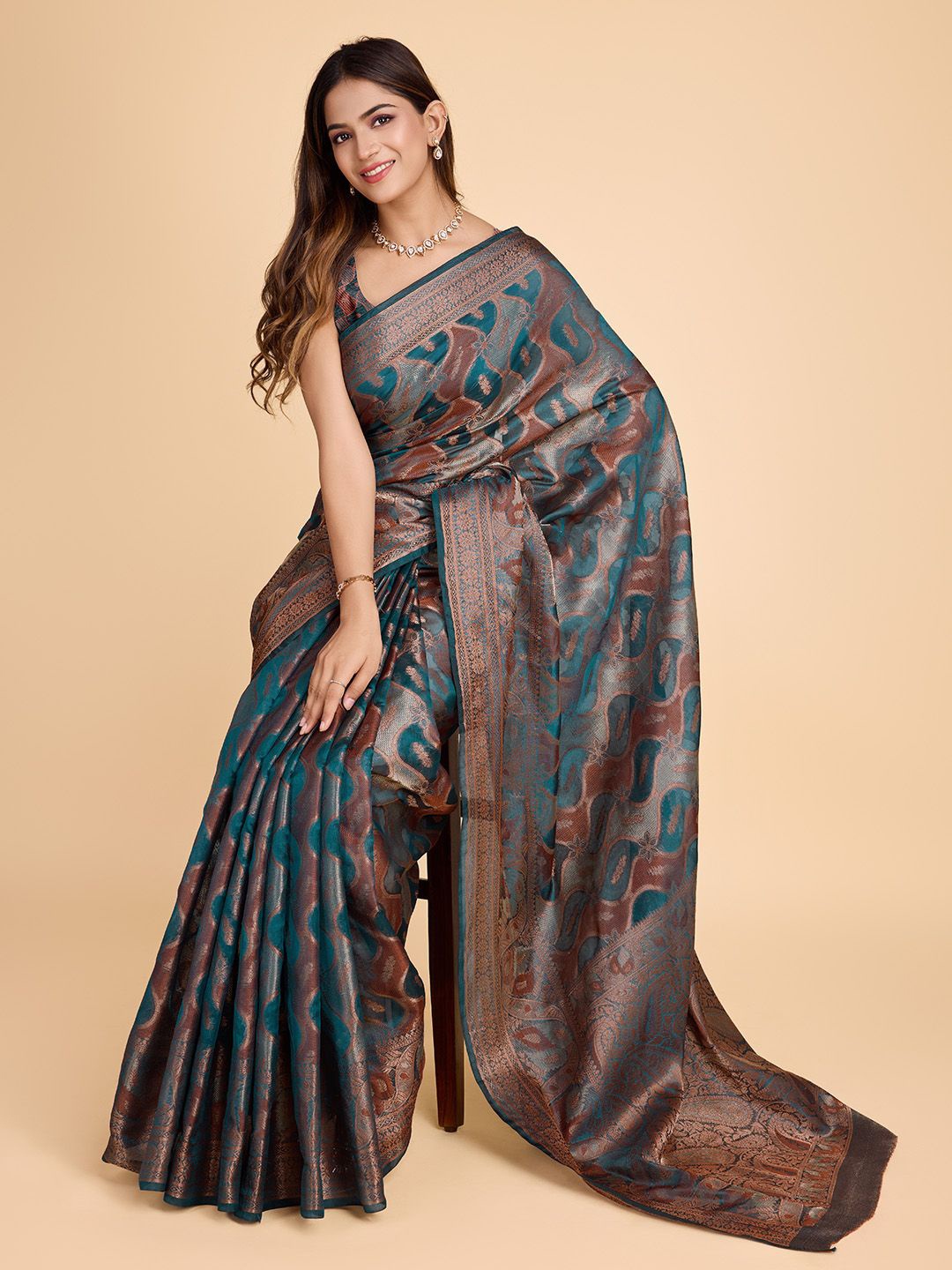 

COSBILA FASHION Ethnic Motifs Organza Banarasi Saree, Teal
