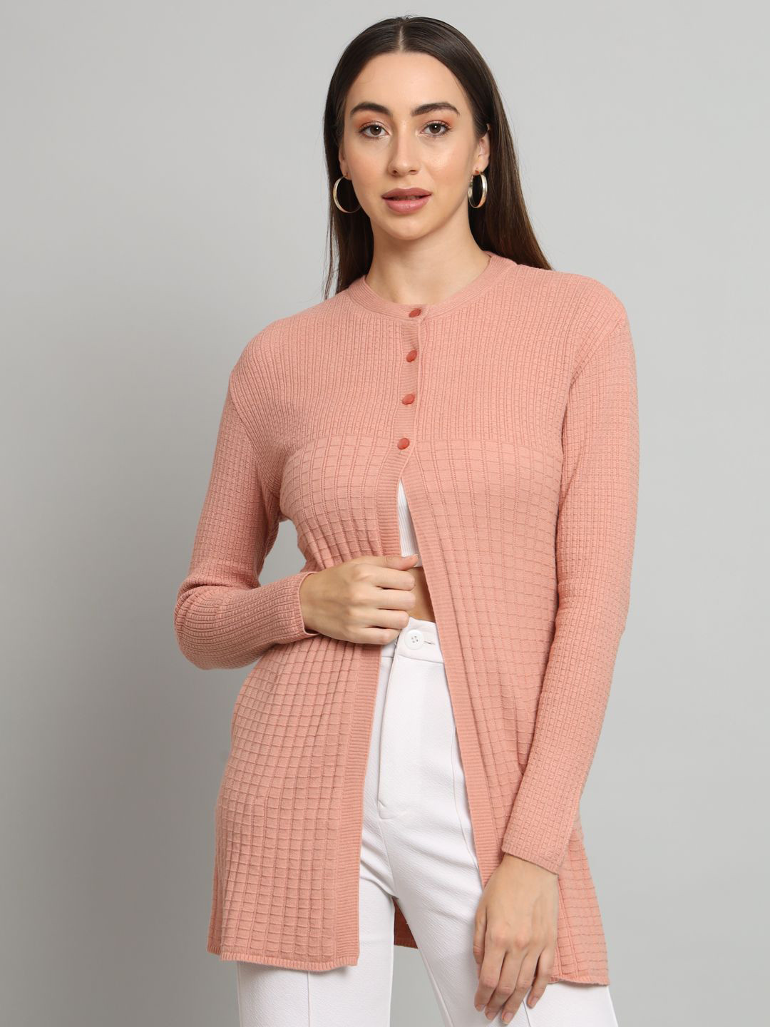 

The Roadster Lifestyle Co Striped Woolen Long Cardigan, Peach
