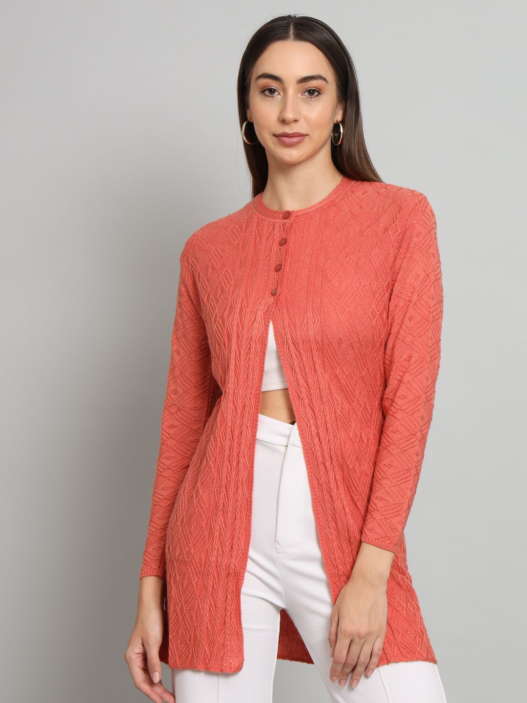 

The Roadster Lifestyle Co Striped Woolen Long Cardigan, Peach