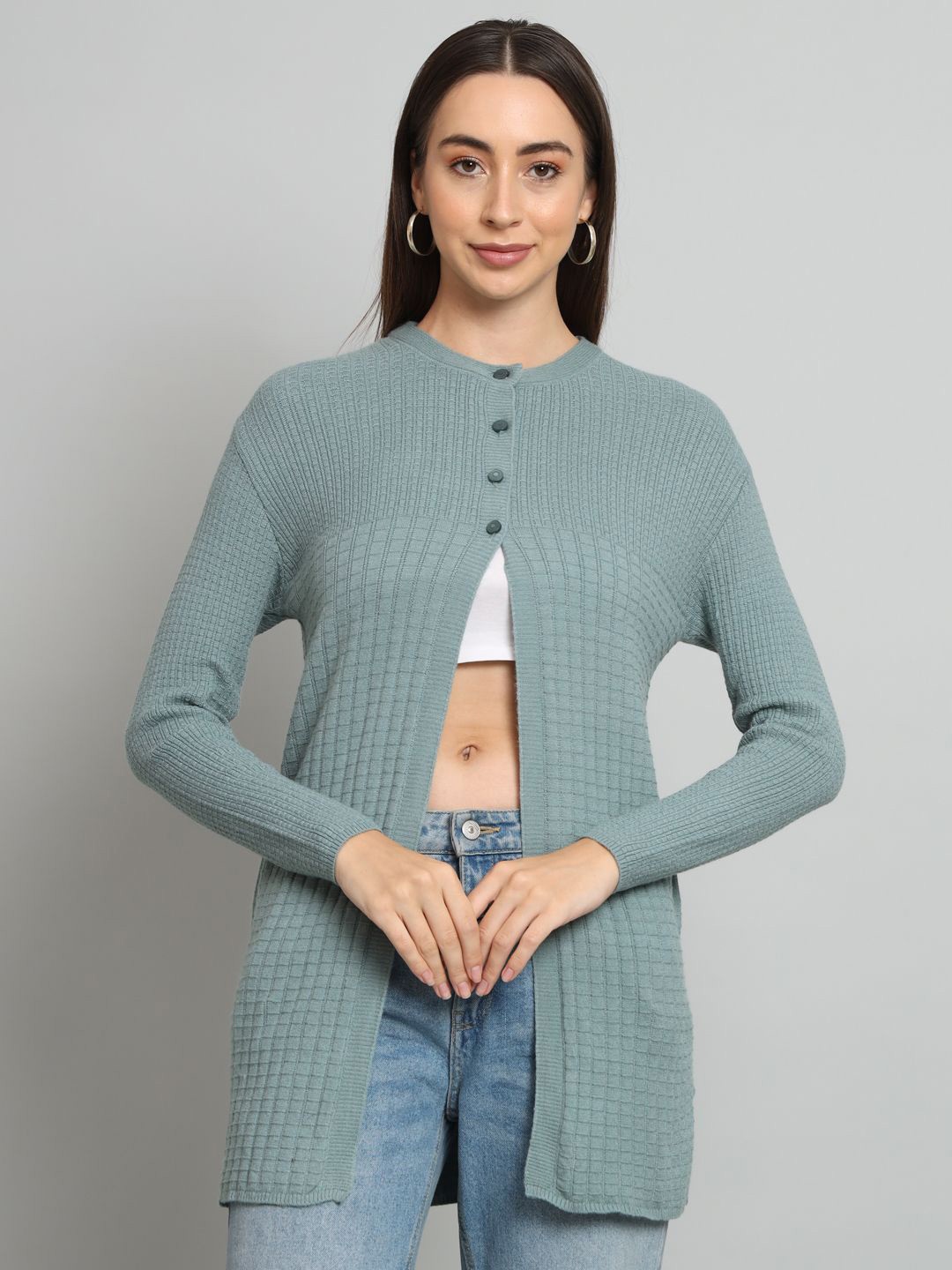 

The Roadster Lifestyle Co Striped Woolen Long Cardigan, Sea green