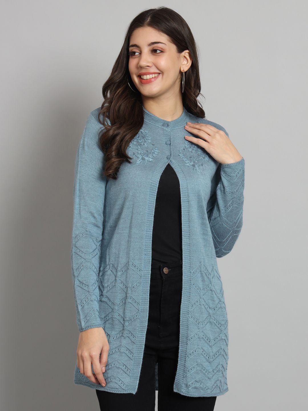 

Mast & Harbour Women Embroidered Woollen Cardigan with Embroidered Detail, Teal