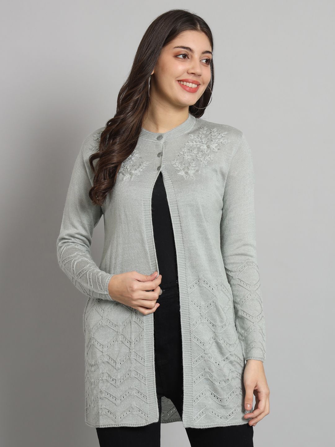 

Mast & Harbour Women Embroidered Woollen Cardigan Sweaters, Grey