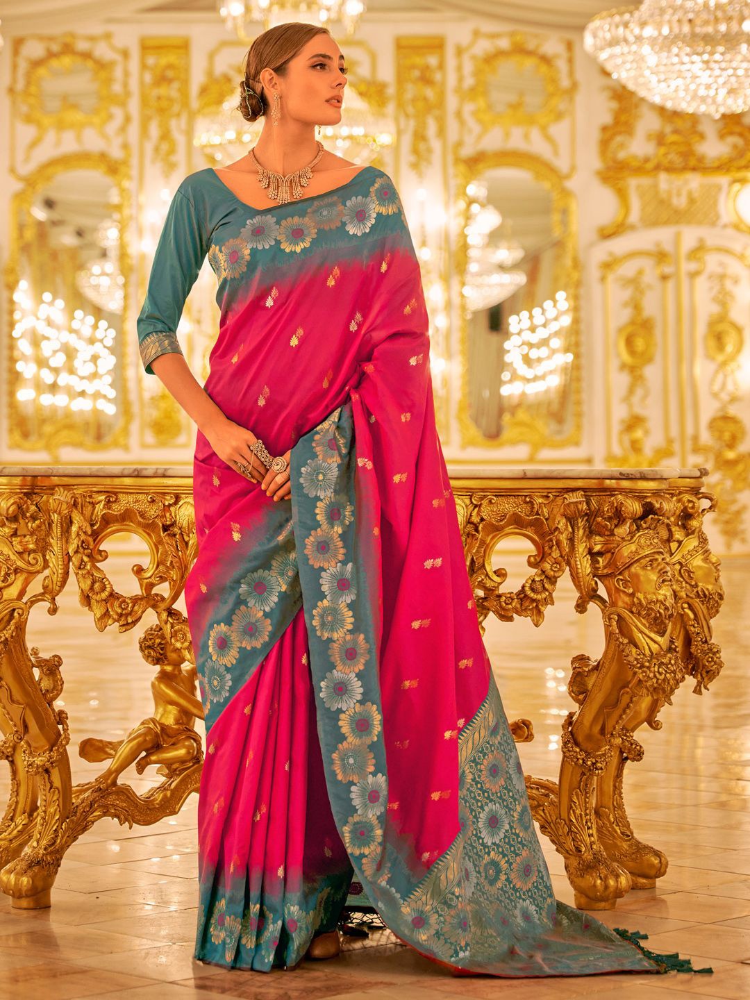 

Mitera Ethnic Motifs Zari Banarasi Saree, Pink