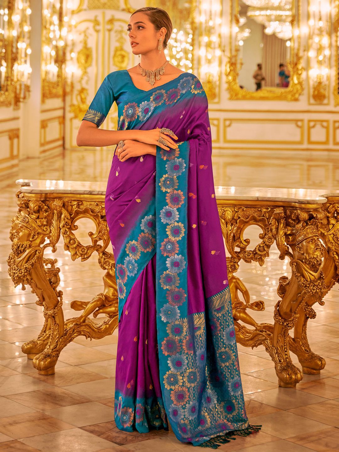 

Mitera Woven Design Ethnic Motifs Zari Banarasi Saree, Purple