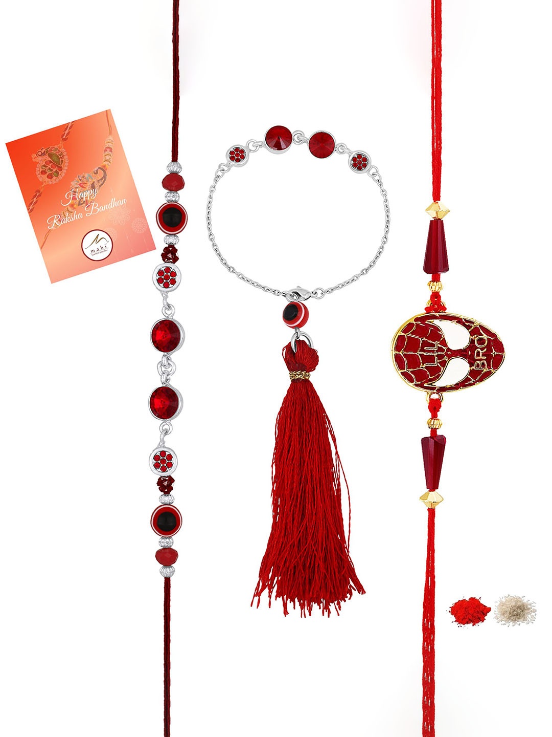 

Mahi Set Of 3 Evil Eye Wraparound Rakhis, Red