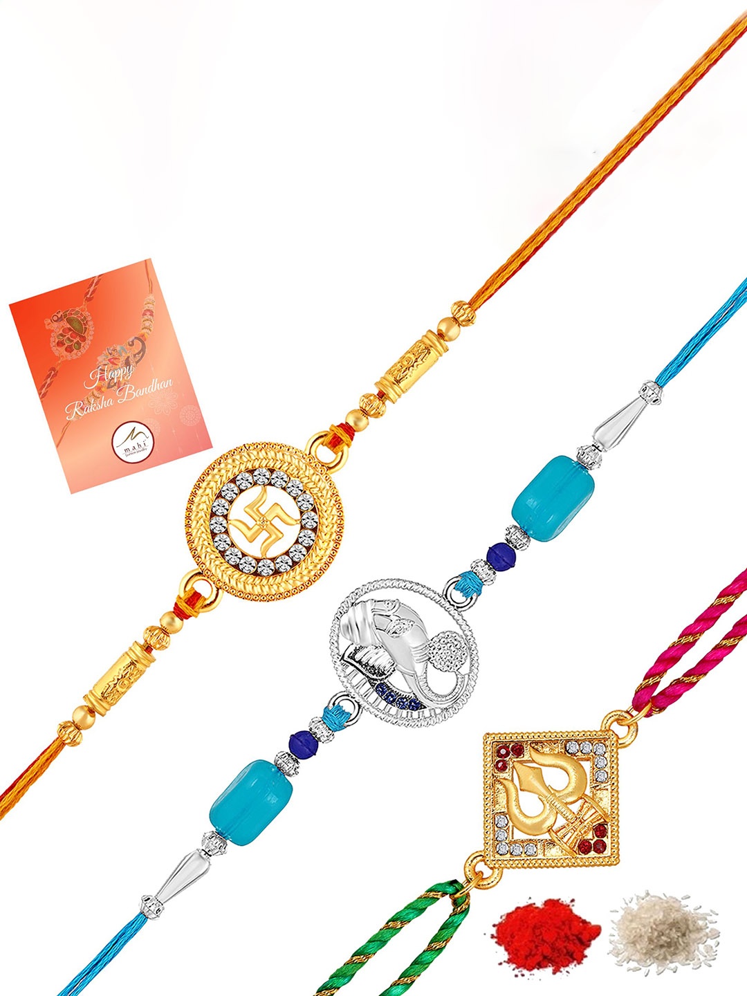 

Mahi Unisex Set Of 3 Swastik Ganpati & Trishul Thread Rakhi, Gold