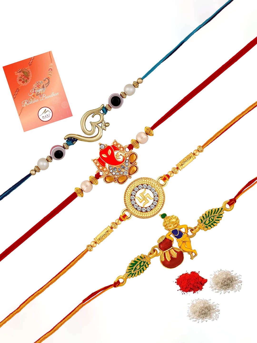 

Mahi Set Of 4 Stone Studded & Beaded Thread Rakhis With Roli Chawal, Rust