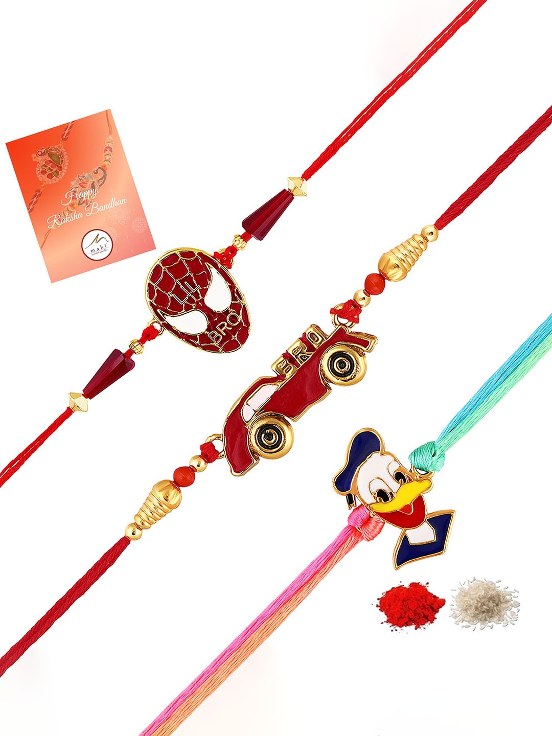 

Mahi Set Of 3 Beaded Charm Thread Rakhis With Roli Chawal, Red
