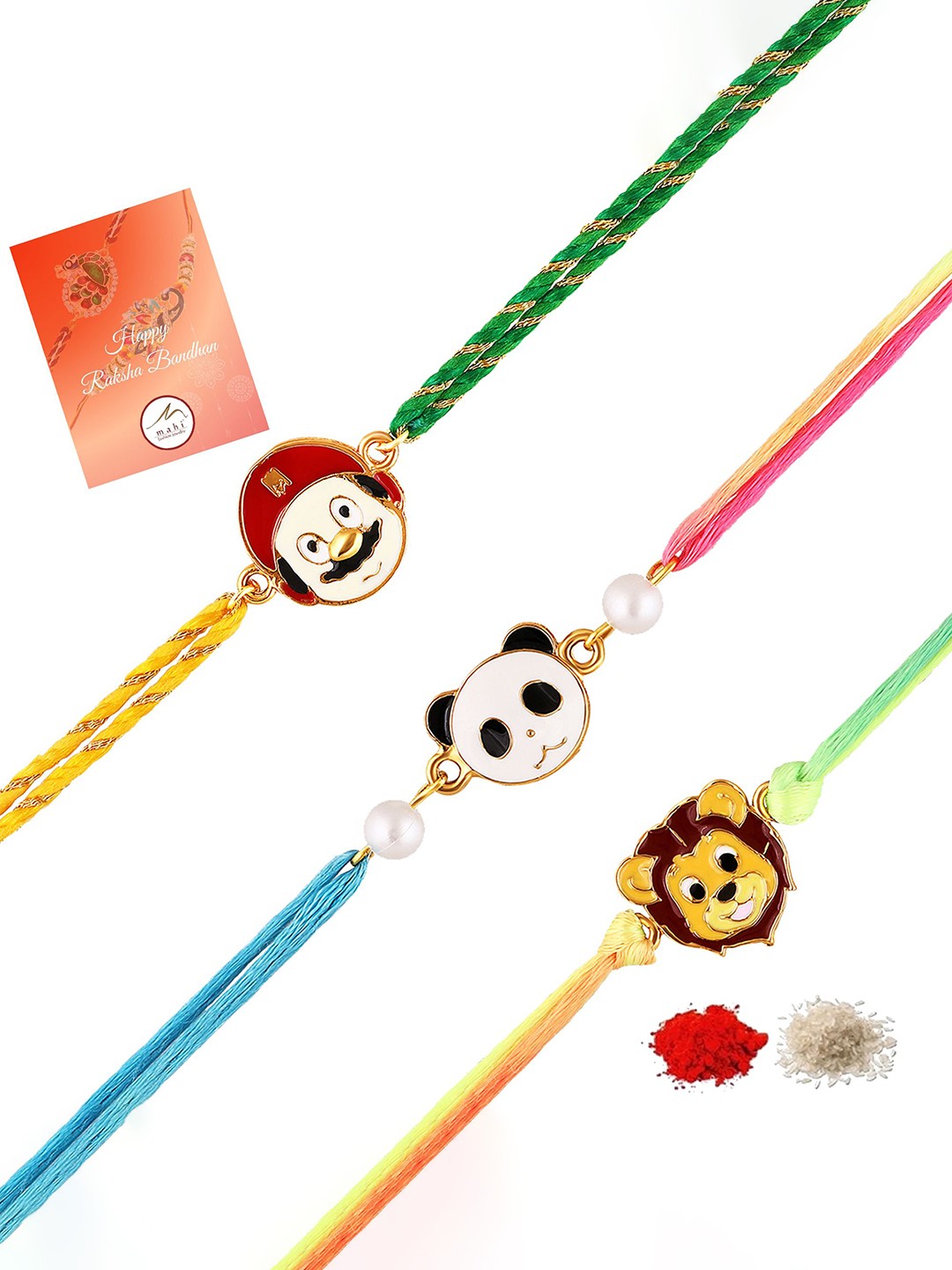 

Mahi Set Of 3 Beaded Charm Thread Rakhis With Roli Chawal, Green