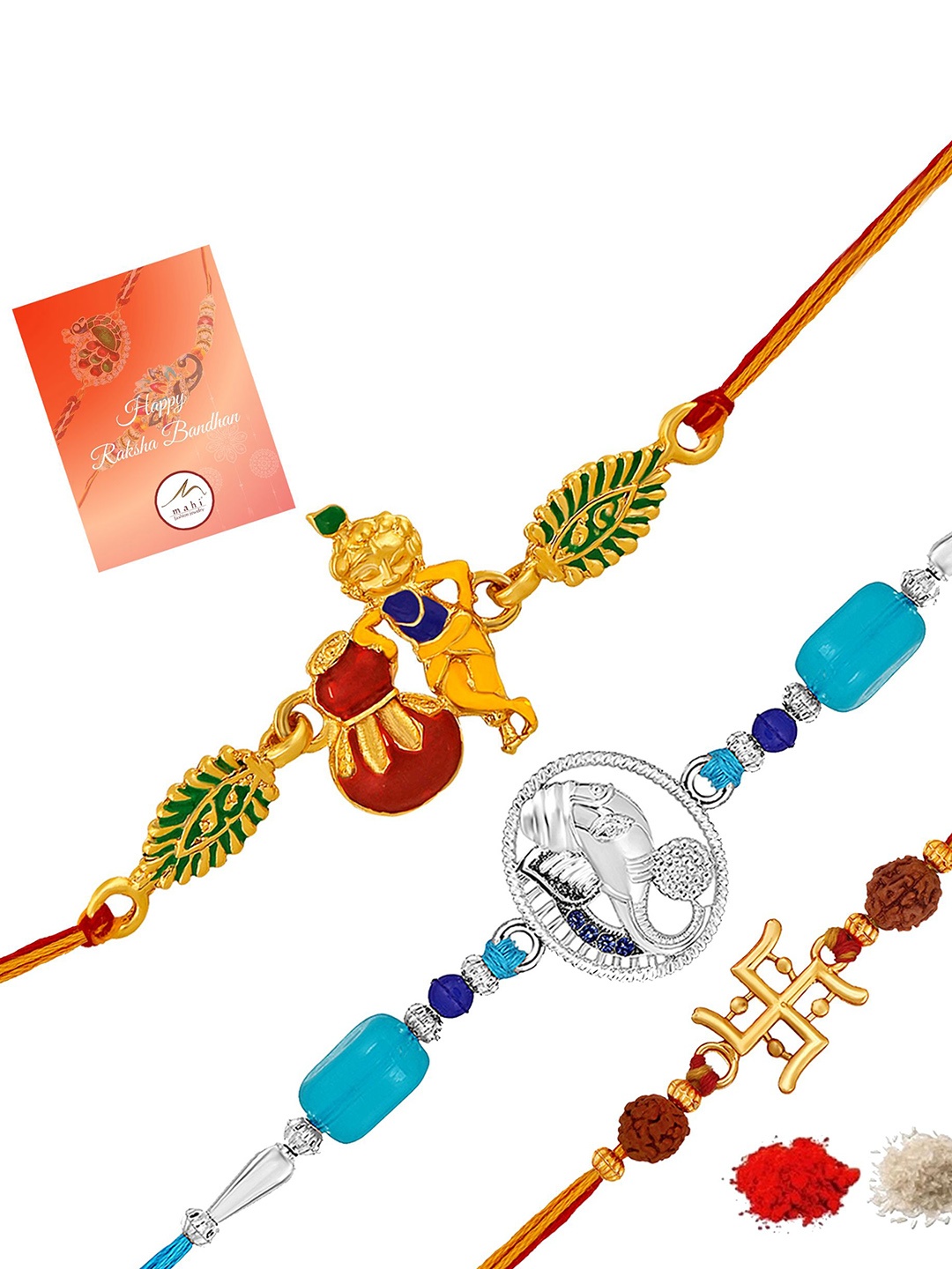 

Mahi Set Of 3 Lord OM Ganesha and Swastik Thread Rakhis, Gold