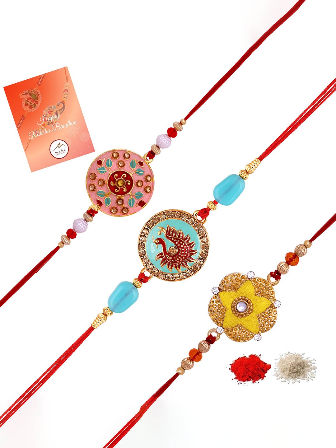 

Mahi Set Of 3 Stone Studded & Beaded Thread Rakhis With Roli Chawal, Red