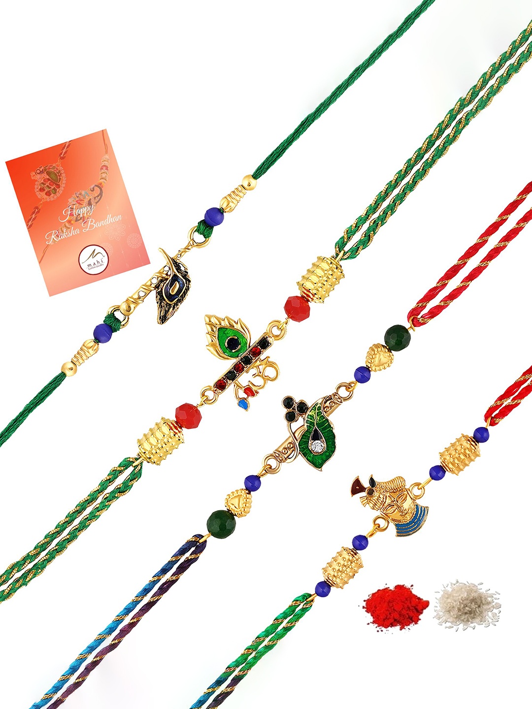 

Mahi Unisex Set Of 4 Krishanaji Flute & Peacock-Feather Thread Rakhi, Blue