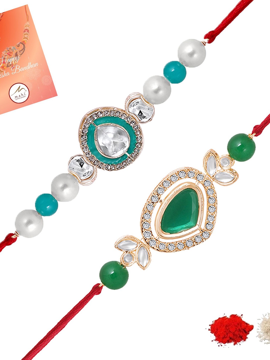 

Mahi Unisex Set Of 2 Kundan Studded Thread Rakhi, Green