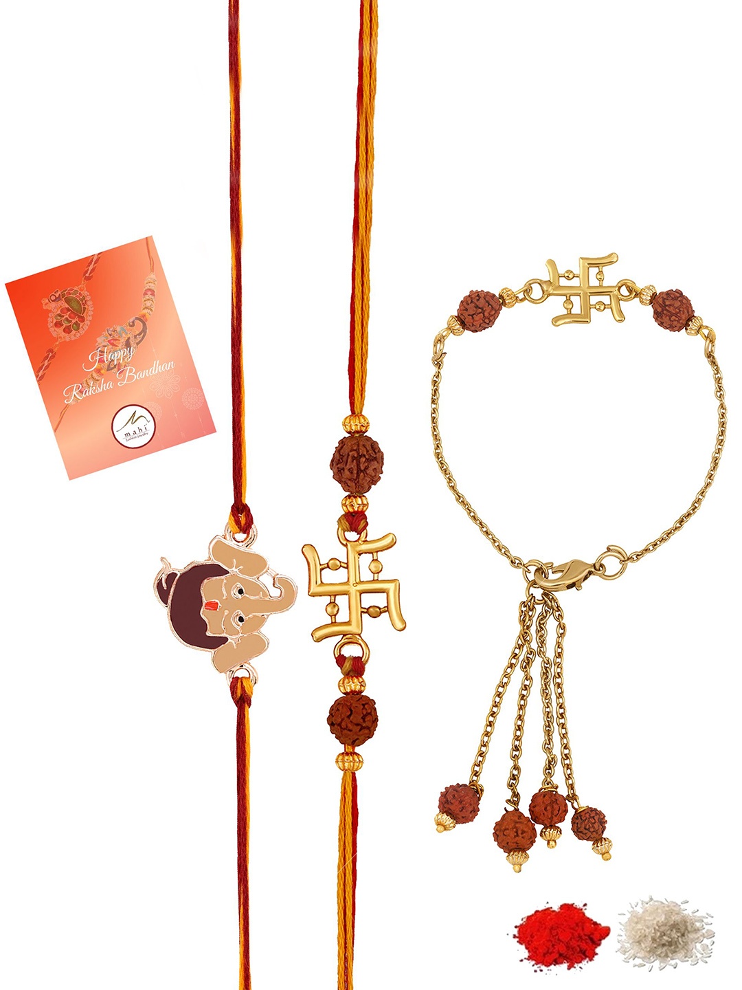 

Mahi Set Of 3 Swastik and Lorf Bal Ganesha And Lumba Thread Rakhis, Gold