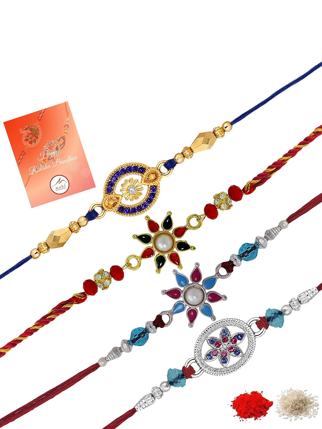 

Mahi Unisex Set Of 4 Crystal Studded Thread Rakhi, Blue