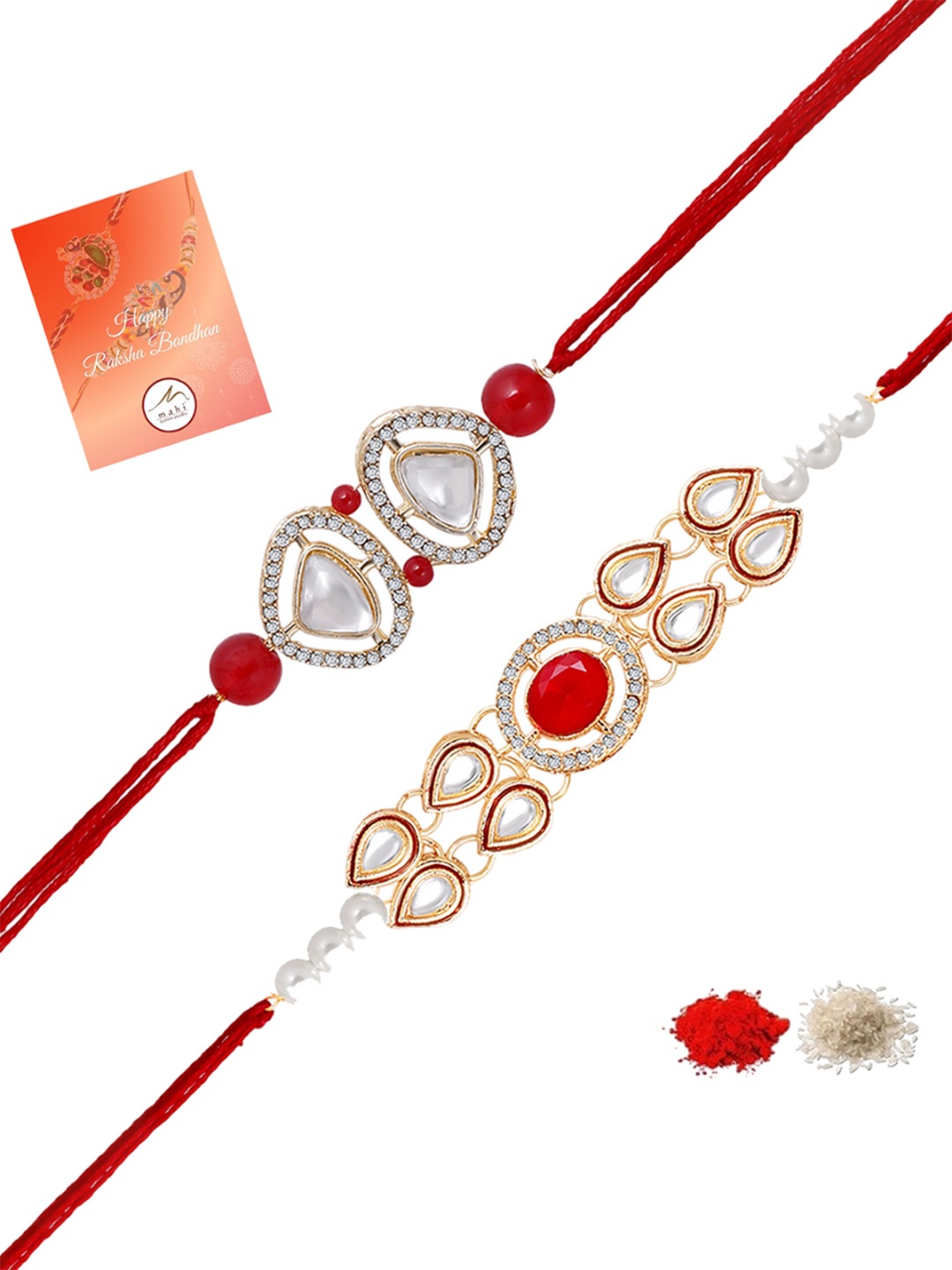 

Mahi Set Of 2 Kundan Stone Studded & Beaded Thread Rakhis With Roli Chawal, Red