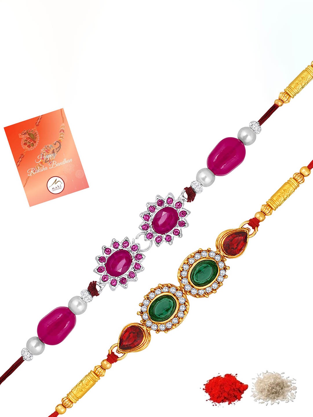 

Mahi Set Of 2 Floral Stone Studded & Beaded Thread Rakhis With Roli Chawal, Pink