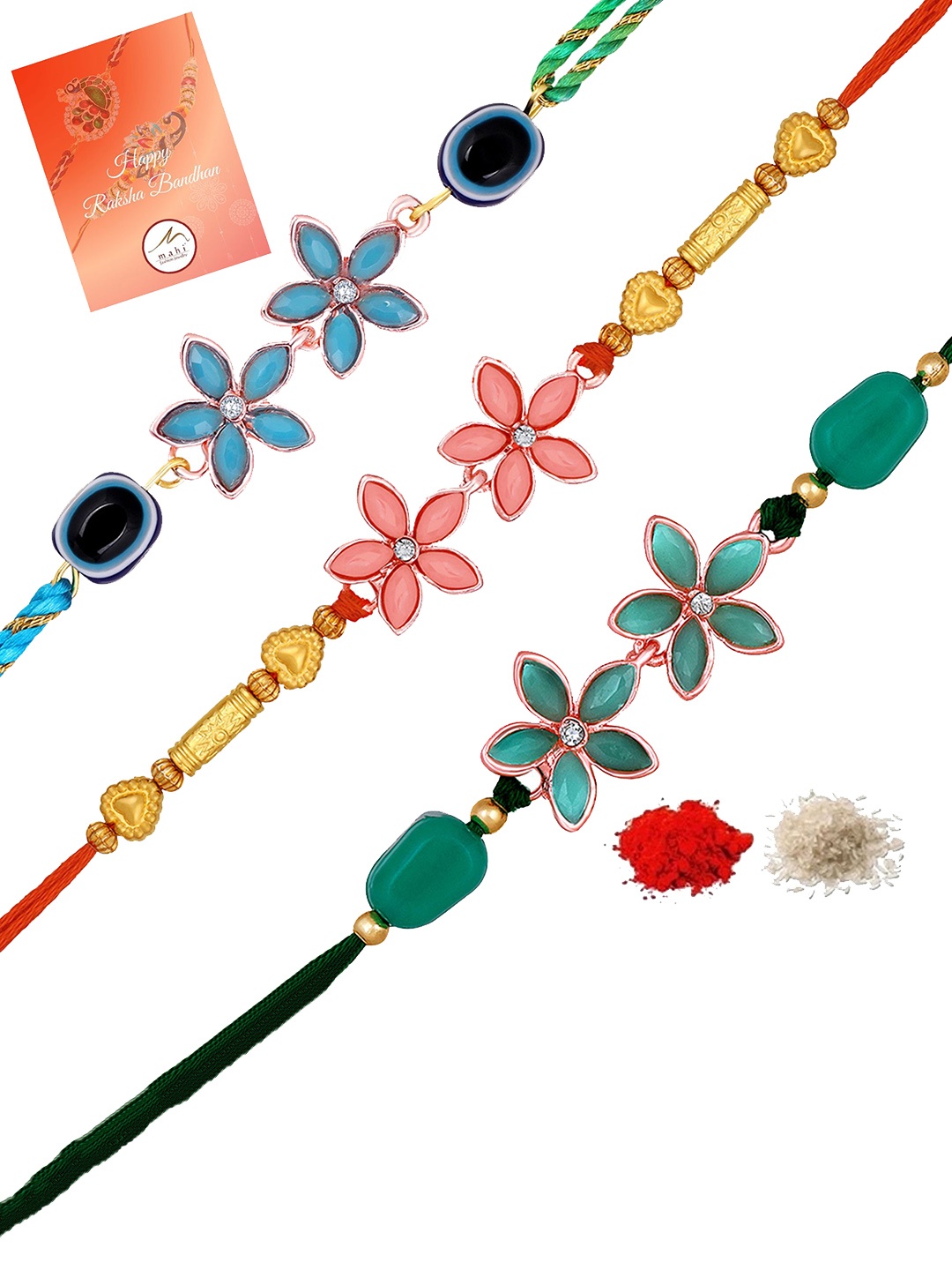 

Mahi Set Of 3 Stone Studded & Beaded Thread Rakhis With Roli Chawal, Red
