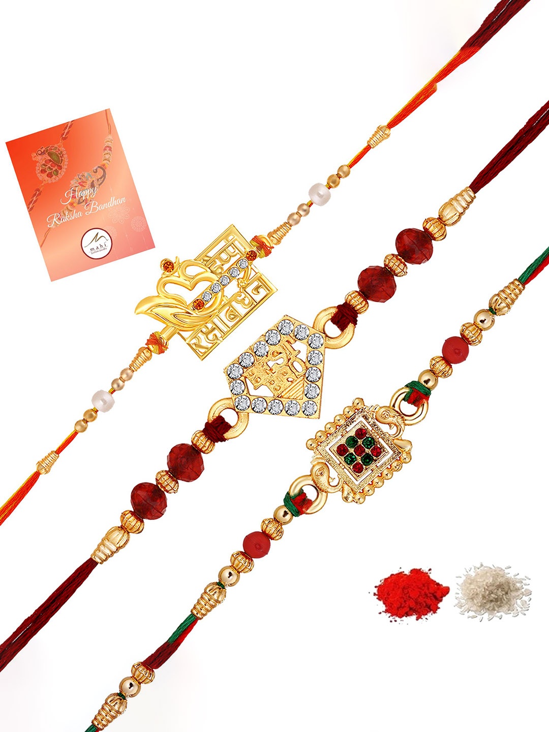 

Mahi Set Of 3 Stone-Studded Thread Rakhis, Red