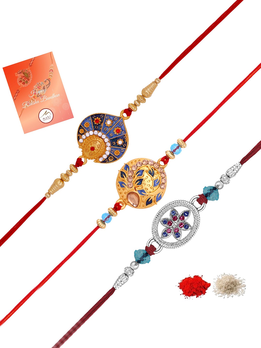 

Mahi Unisex Set Of 3 Crystal Studded Thread Rakhi, Gold