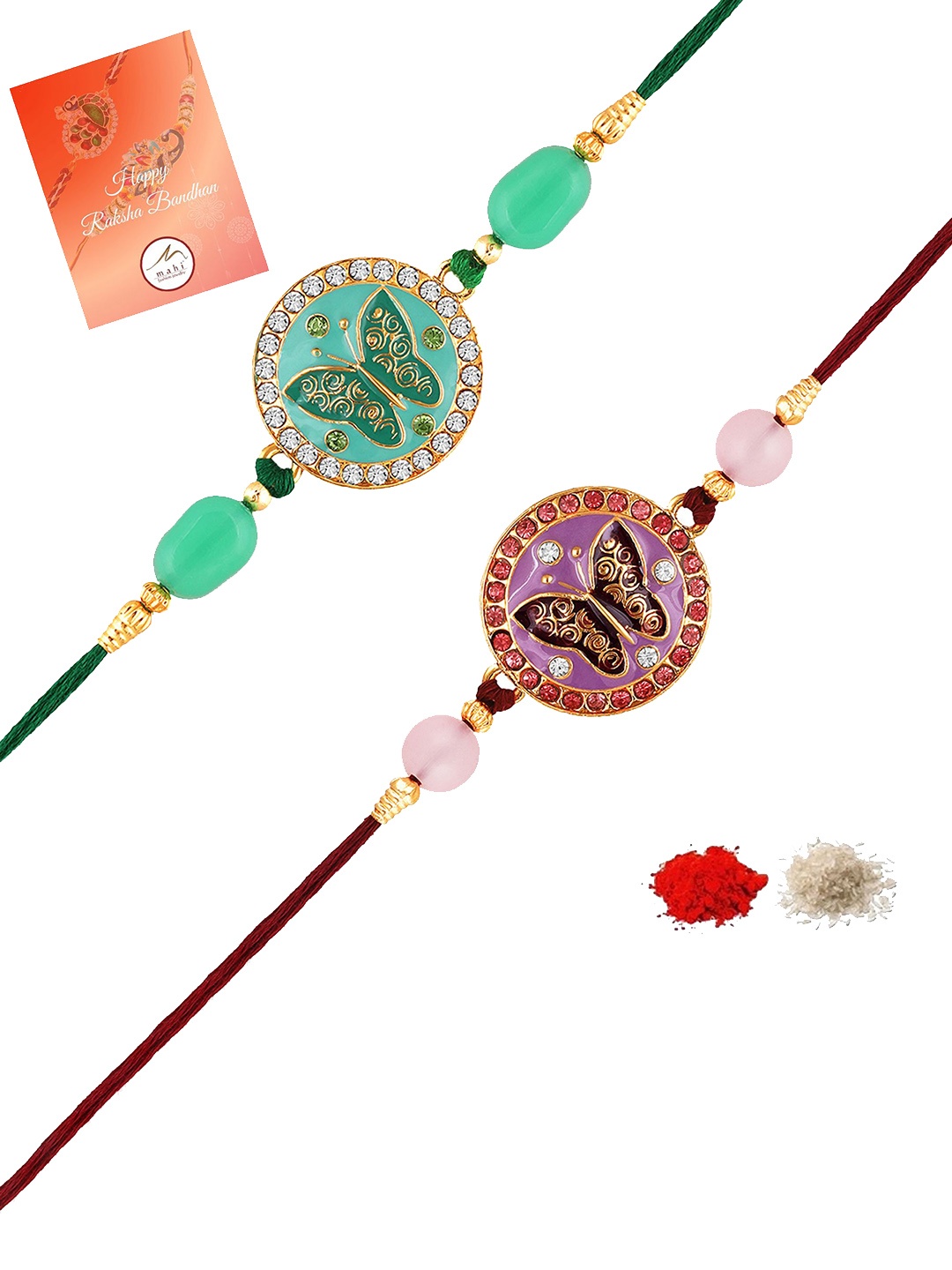 

Mahi Set Of 2 Meenakari Work Enamel Round and Butterfly-Shaped Rakhis, Green