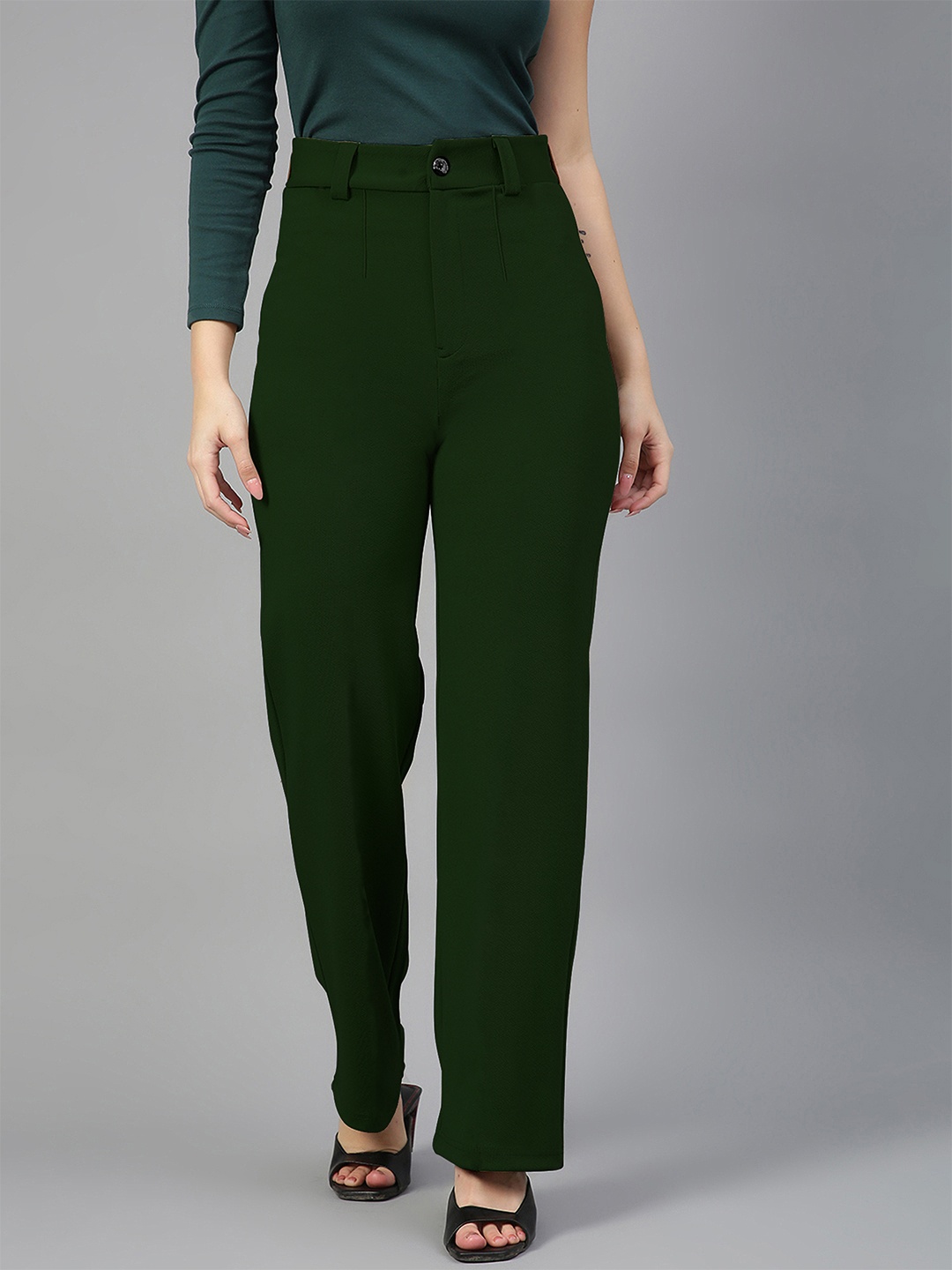 

Mehrang Women Relaxed Loose Fit High-Rise Trousers, Green