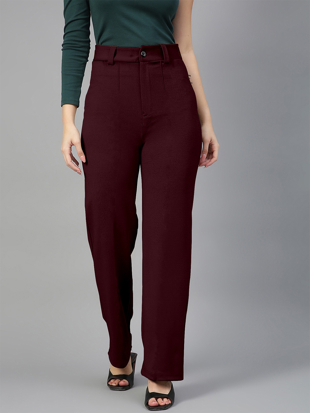 

Mehrang Women Relaxed Loose Fit High-Rise Trousers, Burgundy