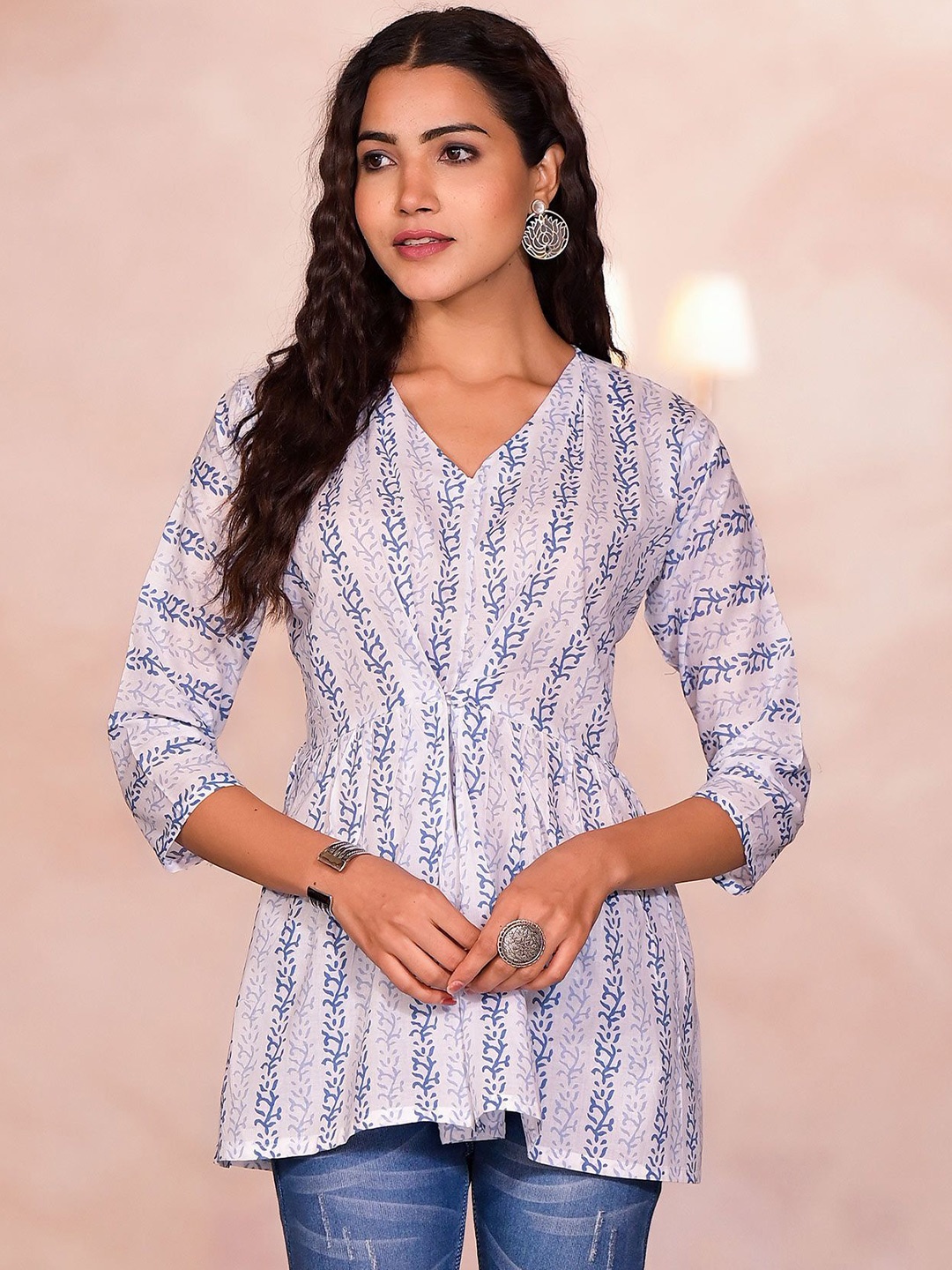 

Peachmode Women White Print Cotton V Neck Shirt Style Longline Top