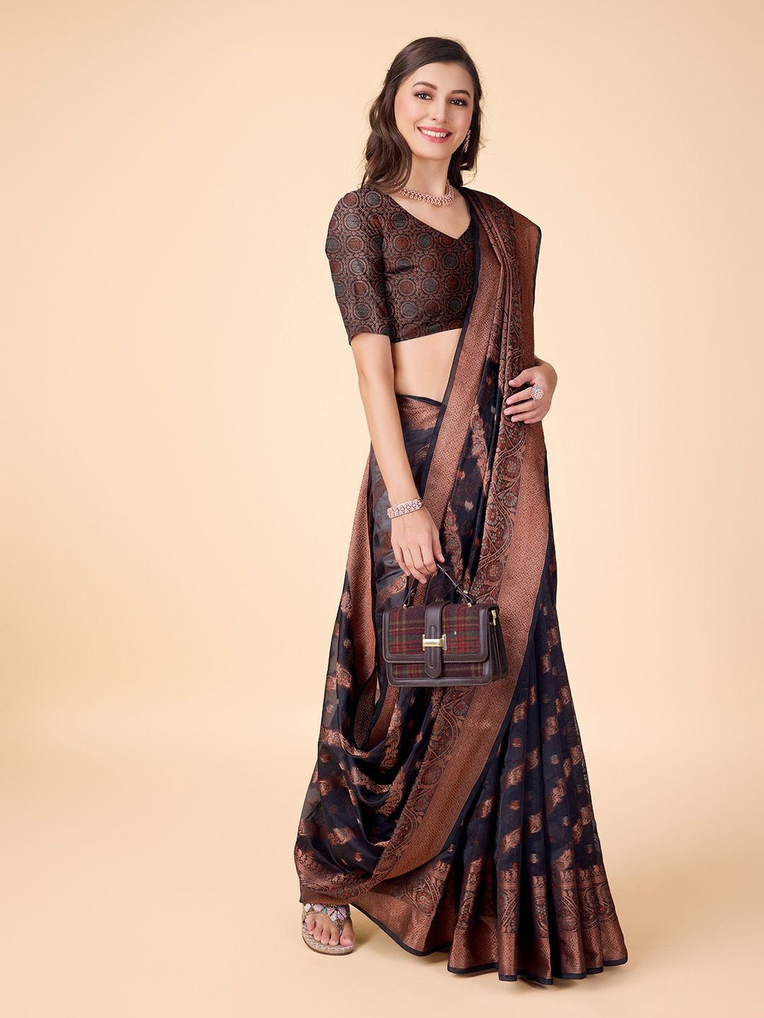 

COSBILA FASHION Floral Zari Organza Banarasi Saree, Grey