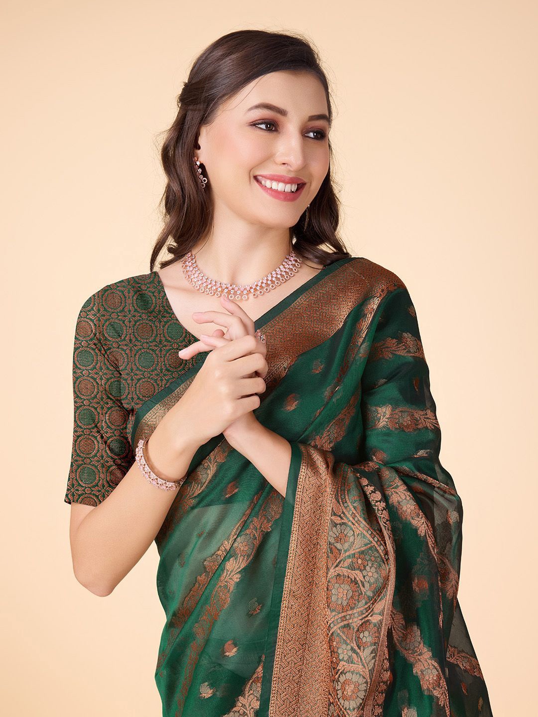 

COSBILA FASHION Woven Design Zari Organza Banarasi Saree, Green