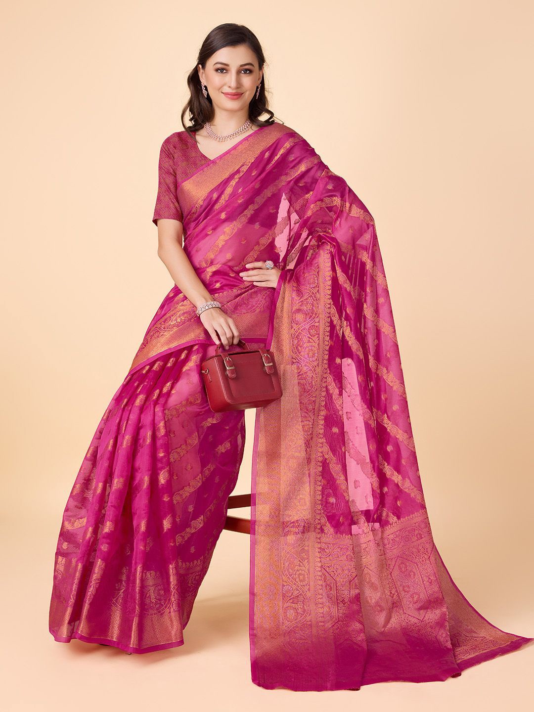 

COSBILA FASHION Woven Design Zari Organza Banarasi Saree, Burgundy