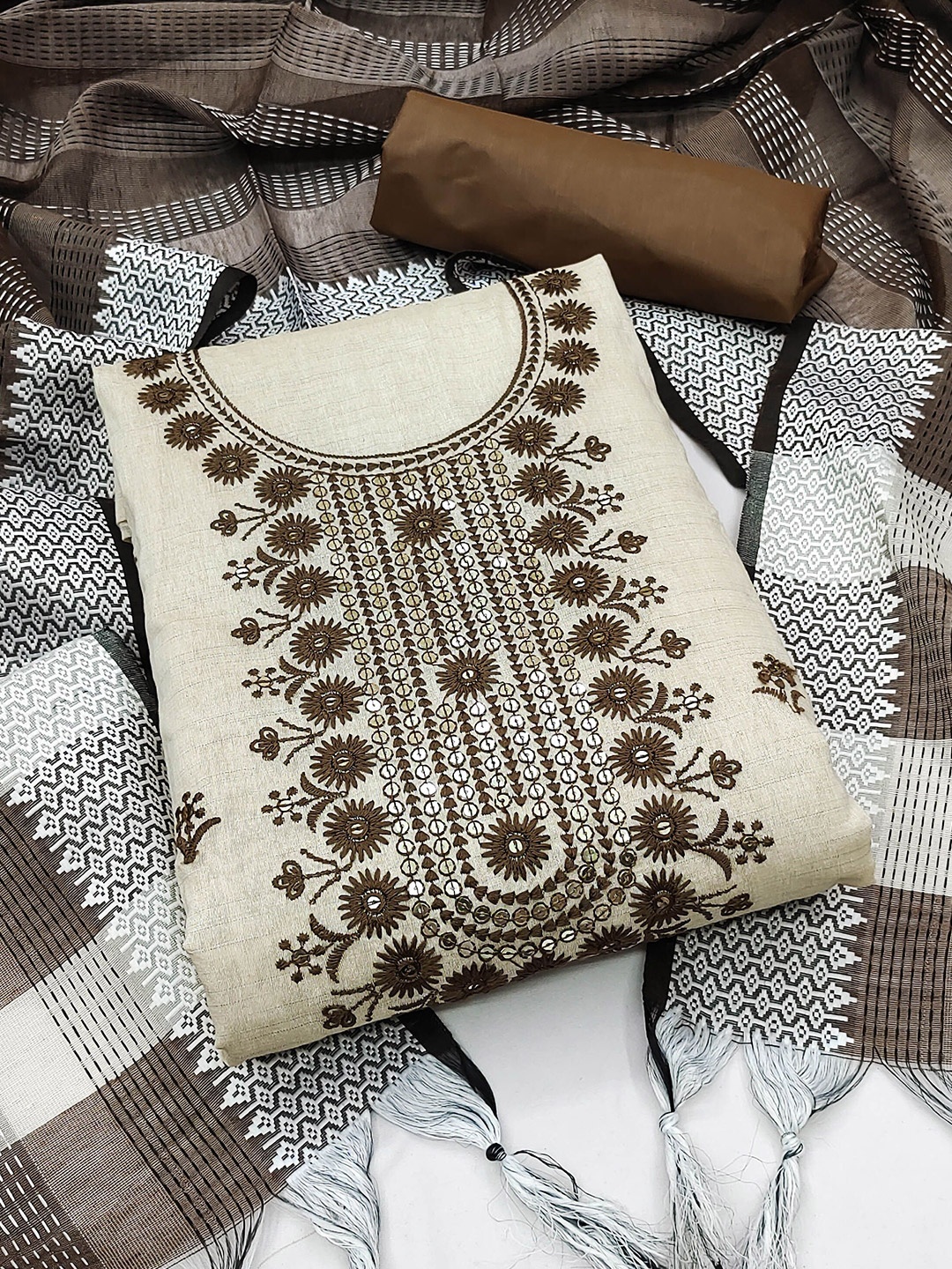 

KIMISHA Floral Embroidered Sequinned Unstitched Dress Material, Brown