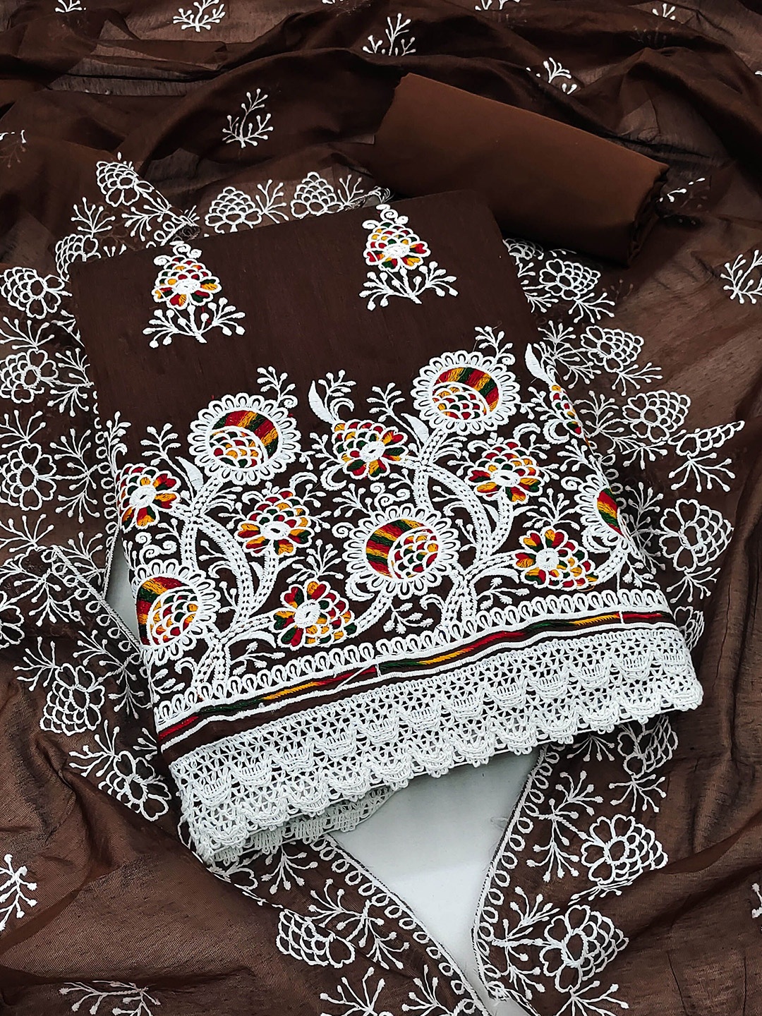 

KIMISHA Embroidered Unstitched Dress Material, Brown