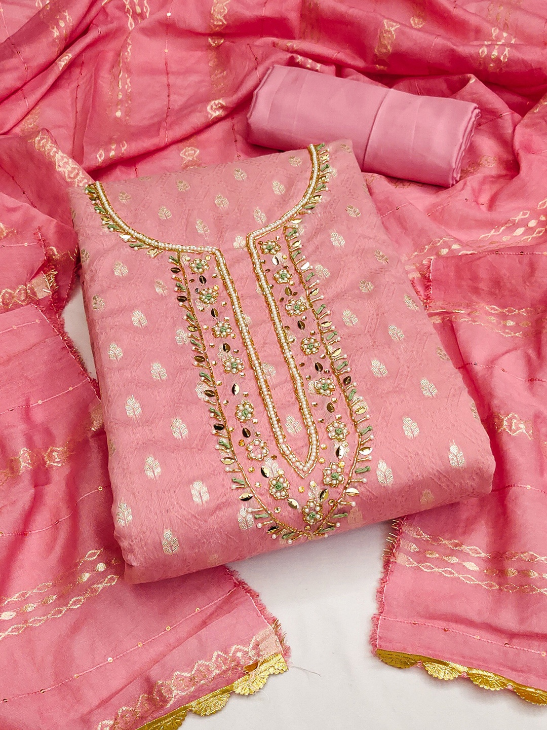 

KIMISHA Floral Woven Design Beads and Stones Unstitched Dress Material, Pink