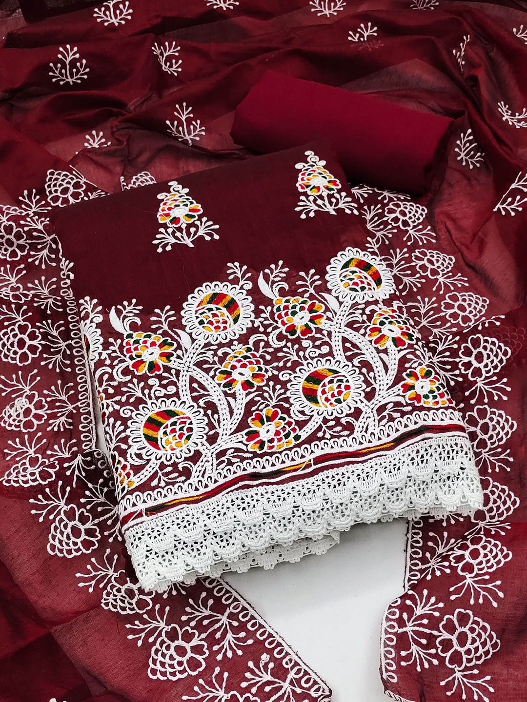 

KIMISHA Floral Embroidered Unstitched Dress Material, Maroon