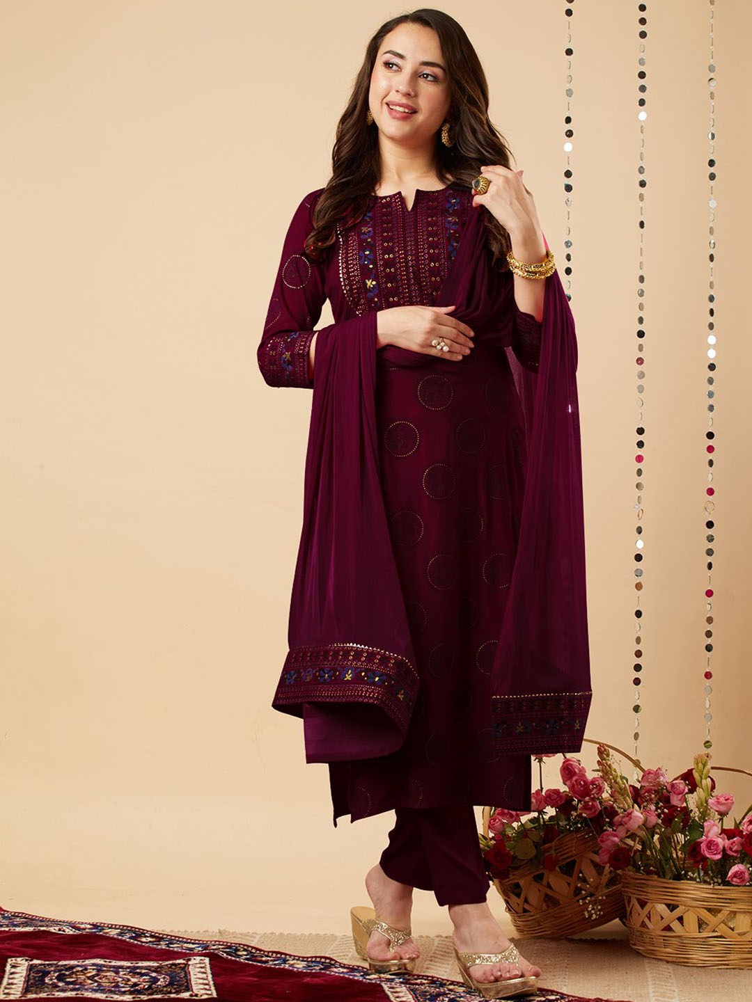 

KALINI Ethnic Motifs Printed Thread Work Anarkali Kurta With Trousers & Dupatta, Maroon