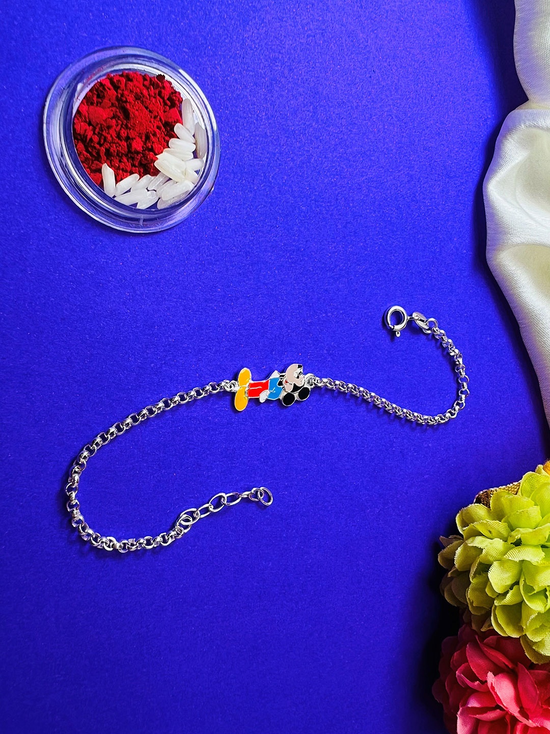 

Arte Jewels 92.5 Sterling Silver Micky Mouse Rakhi With Roli & Chawal