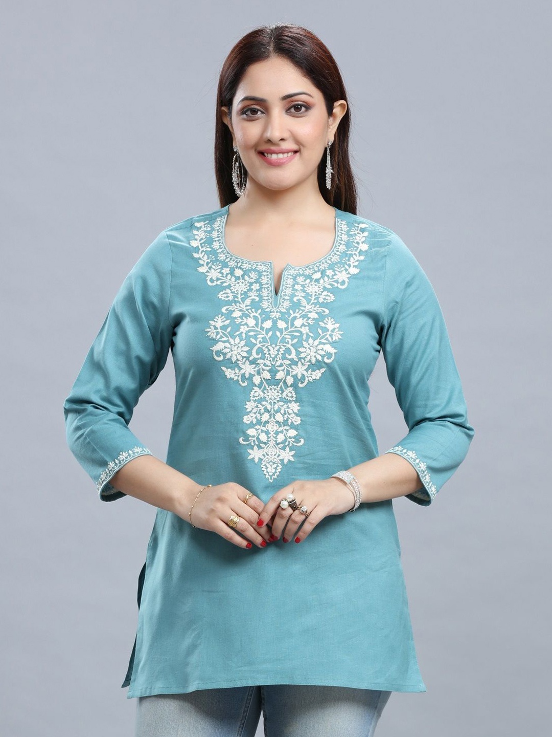 

COTTON CULTURE Floral Embroidered Pure Cotton Kurti, Turquoise blue