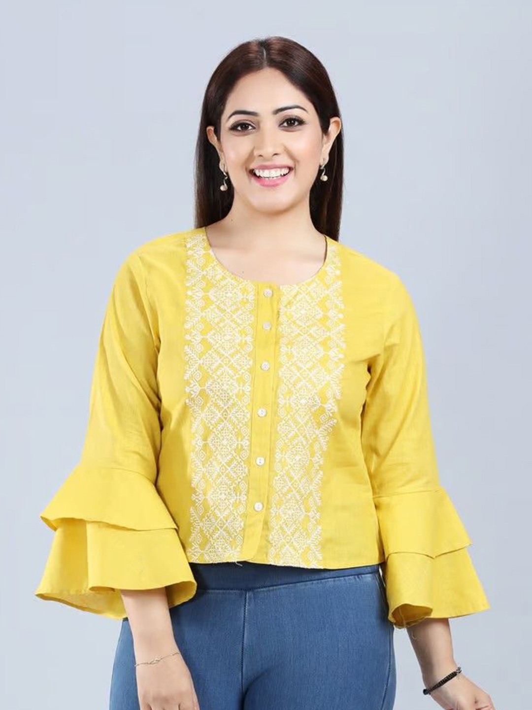 

COTTON CULTURE Embroidered Bell Sleeve Cotton Top, Yellow