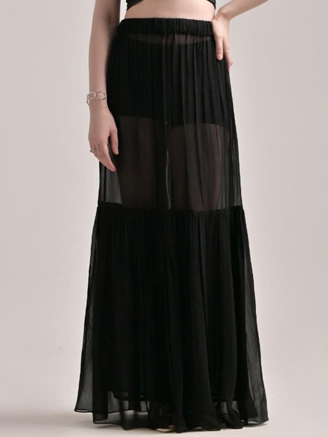 

The Samoa Flared Sheer Gathered Maxi Skirt, Black